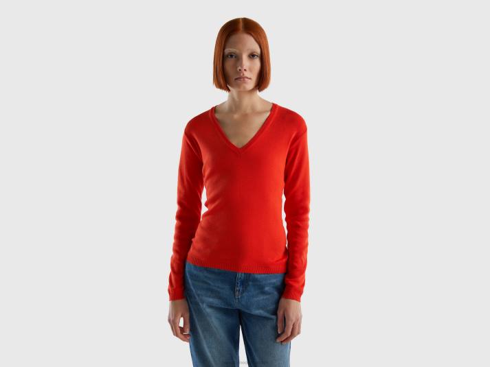 vrouwen Benetton trui met v-hals van zuiver katoen rood 4R622