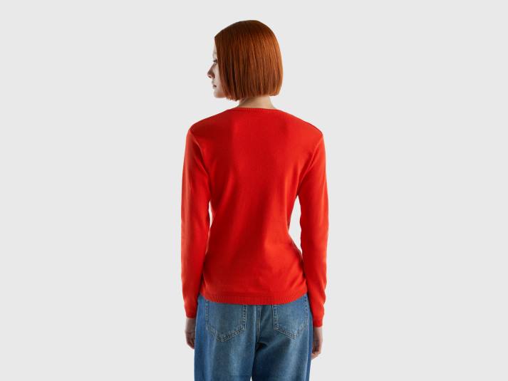 vrouwen Benetton trui met v-hals van zuiver katoen rood 4R622