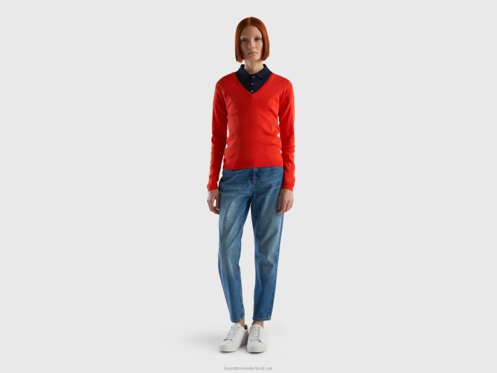 vrouwen Benetton trui met v-hals van zuiver katoen rood 4R622