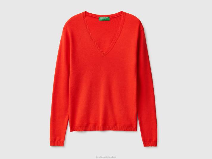 vrouwen Benetton trui met v-hals van zuiver katoen rood 4R622
