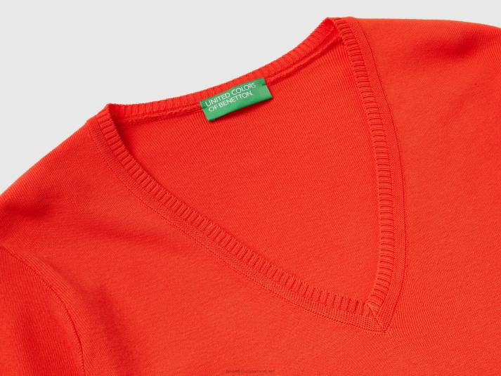 vrouwen Benetton trui met v-hals van zuiver katoen rood 4R622