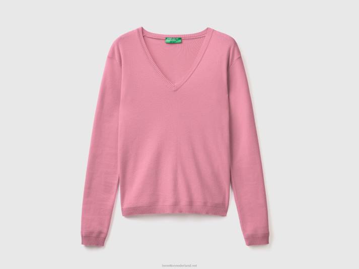 vrouwen Benetton trui met v-hals van zuiver katoen roze 4R62217