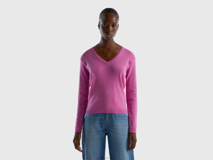 vrouwen Benetton trui met v-hals van zuiver katoen roze 4R623543
