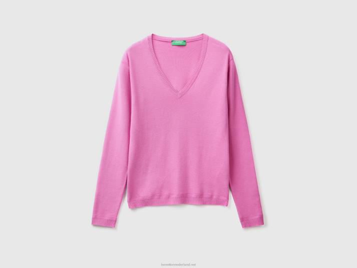 vrouwen Benetton trui met v-hals van zuiver katoen roze 4R623543