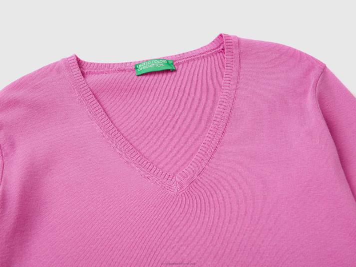 vrouwen Benetton trui met v-hals van zuiver katoen roze 4R623543