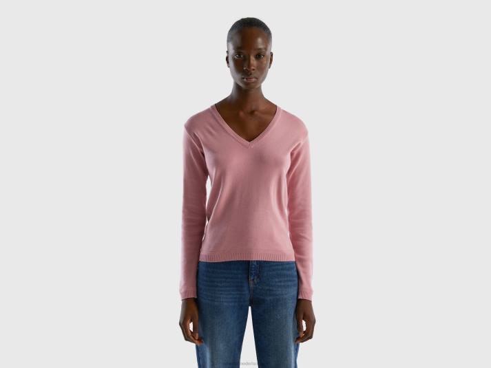 vrouwen Benetton trui met v-hals van zuiver katoen roze 4R623659