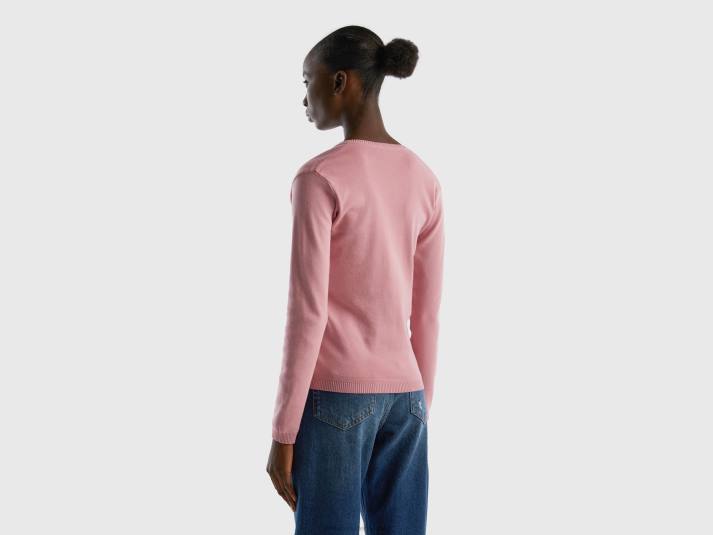 vrouwen Benetton trui met v-hals van zuiver katoen roze 4R623659