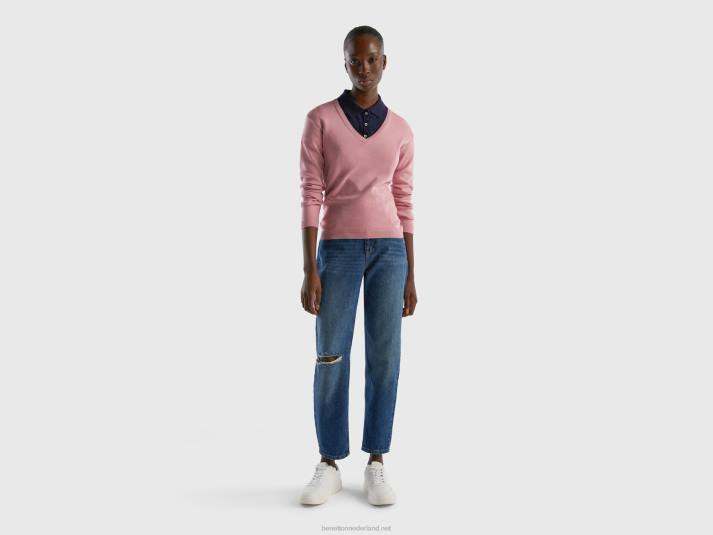 vrouwen Benetton trui met v-hals van zuiver katoen roze 4R623659