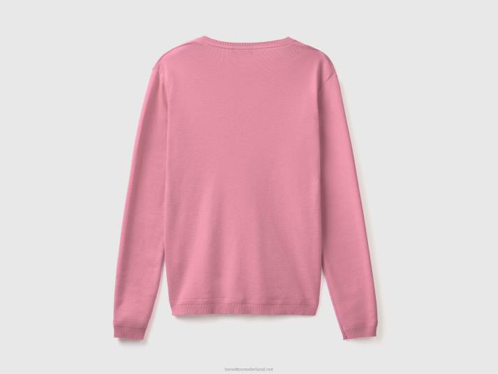 vrouwen Benetton trui met v-hals van zuiver katoen roze 4R623659