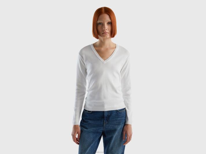 vrouwen Benetton trui met v-hals van zuiver katoen wit 4R6265