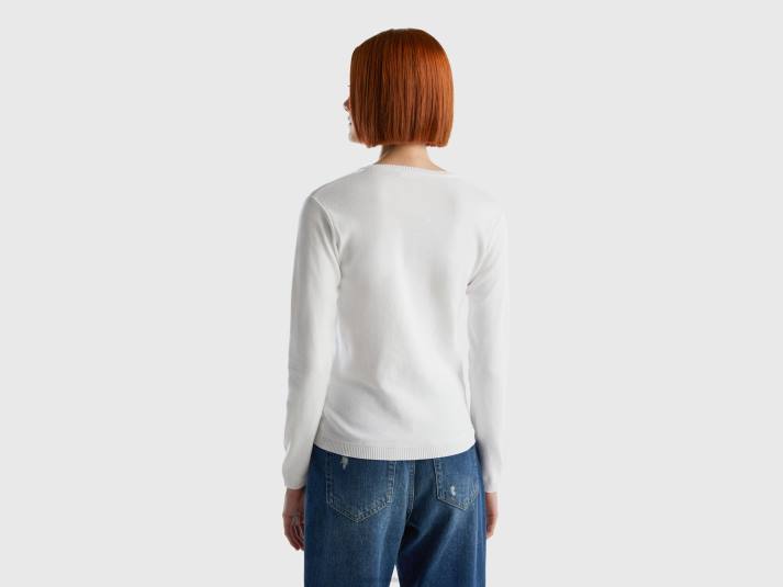 vrouwen Benetton trui met v-hals van zuiver katoen wit 4R6265