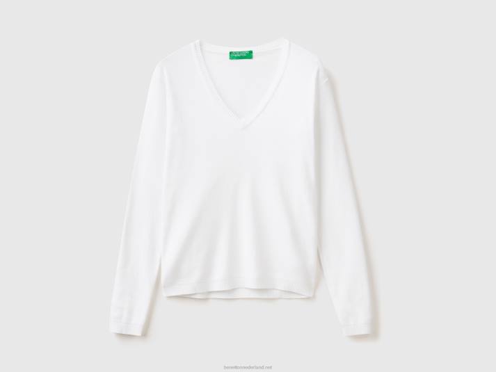 vrouwen Benetton trui met v-hals van zuiver katoen wit 4R6265
