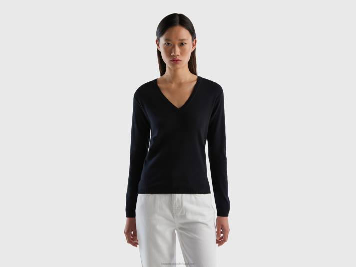 vrouwen Benetton trui met v-hals van zuiver katoen zwart 4R62215