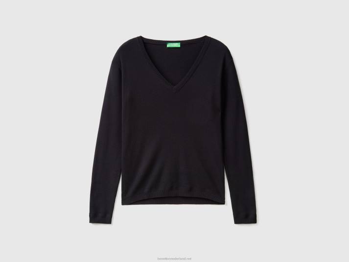 vrouwen Benetton trui met v-hals van zuiver katoen zwart 4R623657