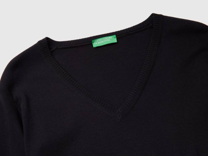 vrouwen Benetton trui met v-hals van zuiver katoen zwart 4R623657