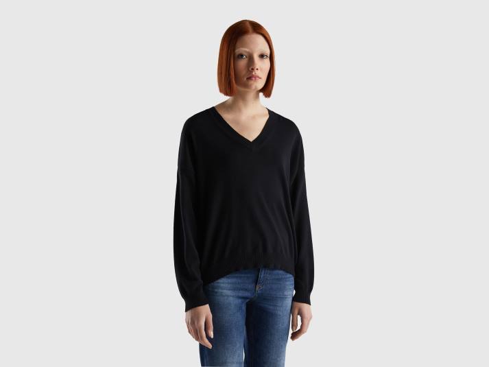 vrouwen Benetton trui met v-hals zwart 4R6210