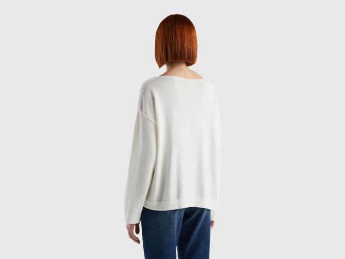 vrouwen Benetton trui met veters en boothals romig wit 4R623606