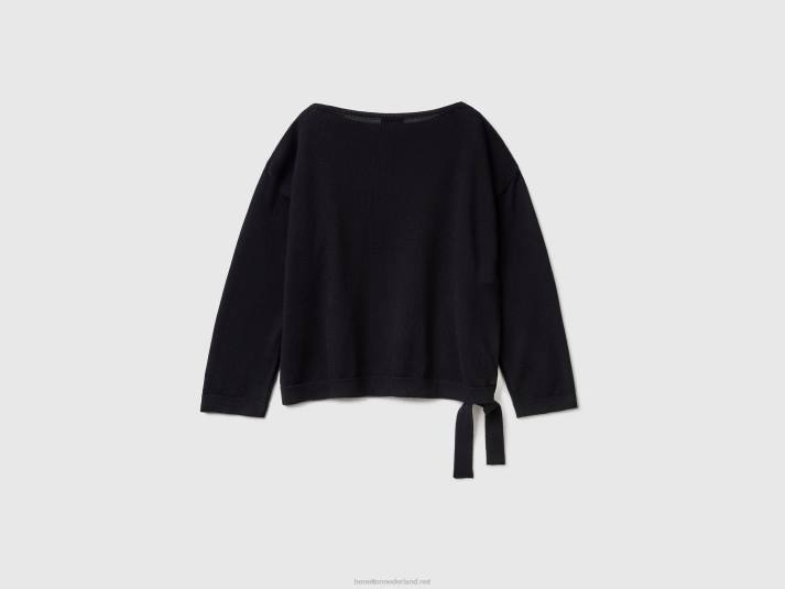 vrouwen Benetton trui met veters en boothals zwart 4R623502