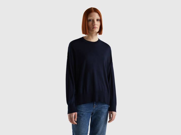 vrouwen Benetton trui van viscosemix met splitten donkerblauw 4R6242