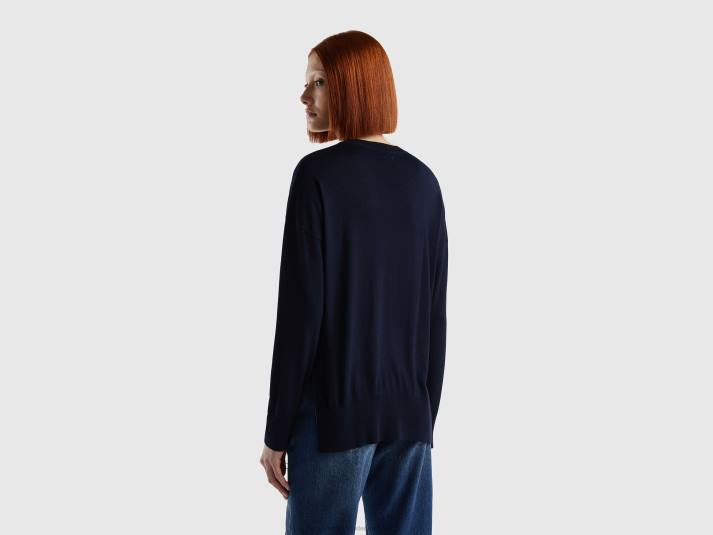 vrouwen Benetton trui van viscosemix met splitten donkerblauw 4R6242