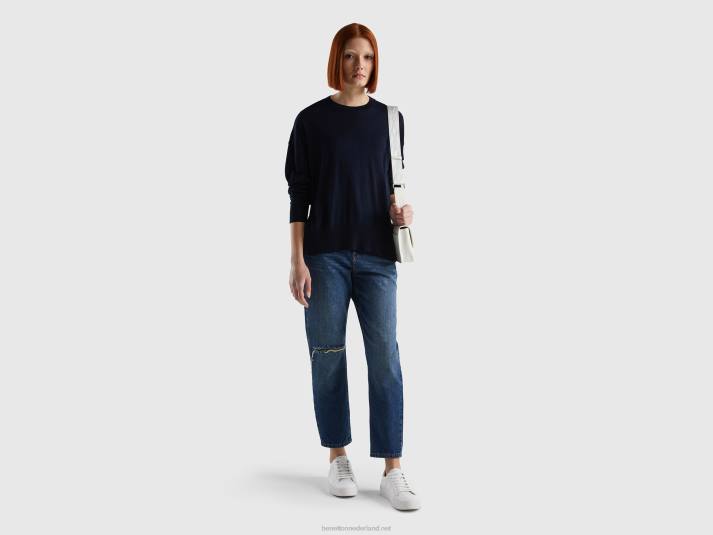 vrouwen Benetton trui van viscosemix met splitten donkerblauw 4R6242