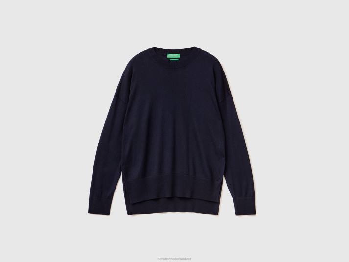 vrouwen Benetton trui van viscosemix met splitten donkerblauw 4R6242