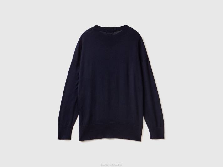 vrouwen Benetton trui van viscosemix met splitten donkerblauw 4R6242