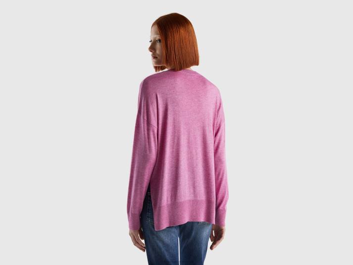 vrouwen Benetton trui van viscosemix met splitten fuchsia 4R62109
