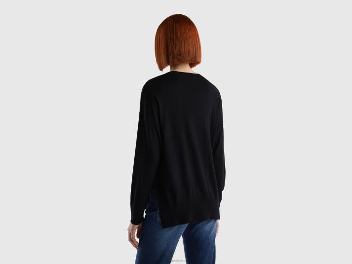 vrouwen Benetton trui van viscosemix met splitten zwart 4R6215