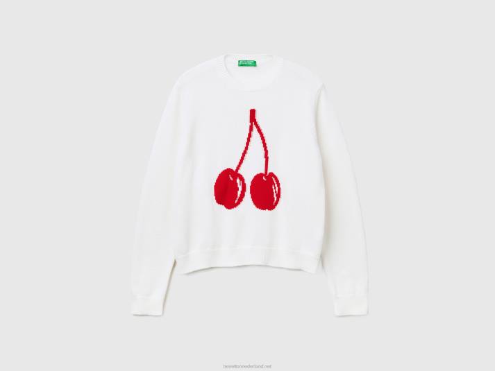vrouwen Benetton witte trui met kersen inleg wit 4R6268
