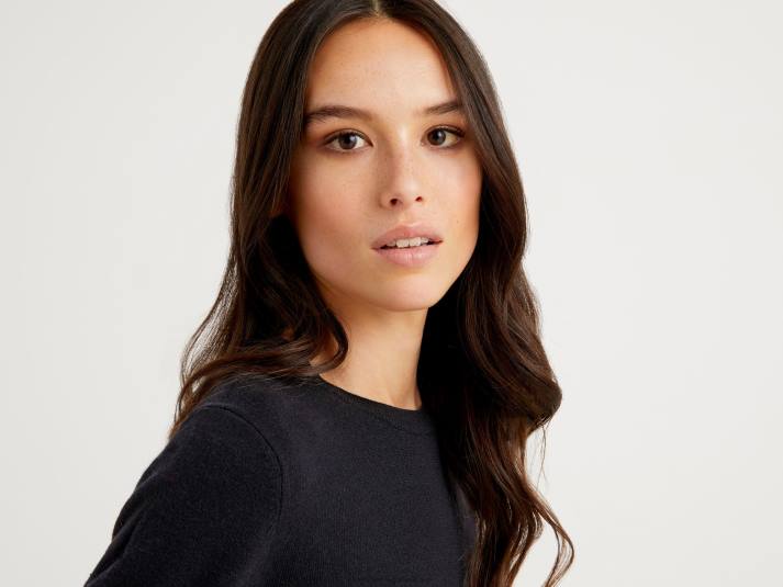vrouwen Benetton zwarte trui met ronde hals van merinowol zwart 4R623633