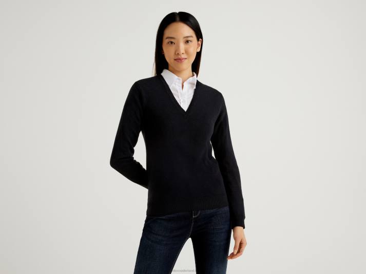 vrouwen Benetton zwarte trui met v-hals van zuivere merinowol zwart 4R62222