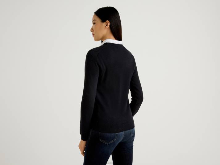 vrouwen Benetton zwarte trui met v-hals van zuivere merinowol zwart 4R623697