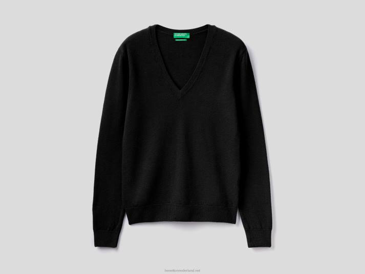 vrouwen Benetton zwarte trui met v-hals van zuivere merinowol zwart 4R623697