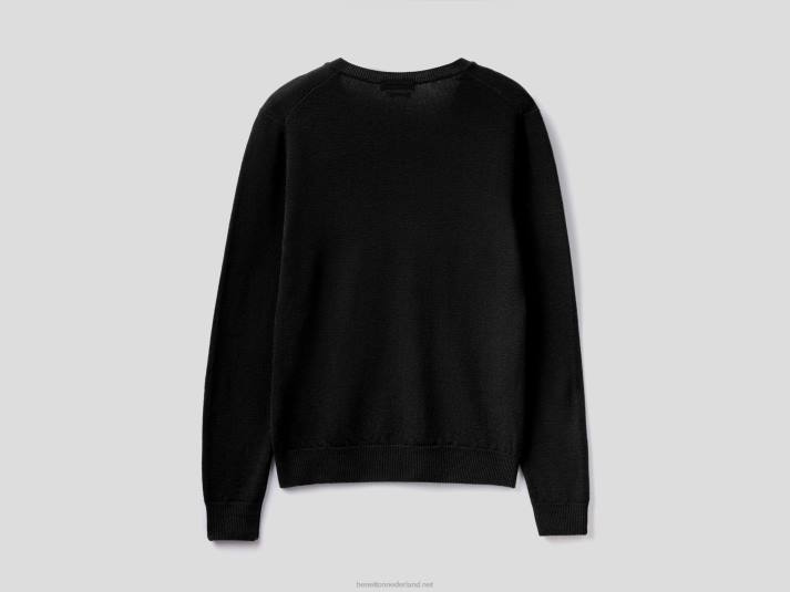 vrouwen Benetton zwarte trui met v-hals van zuivere merinowol zwart 4R623697