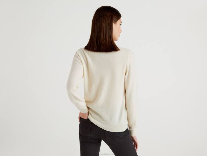 vrouwen Benetton crèmekleurig vest met ronde hals van zuivere merinowol romig wit 4R62159