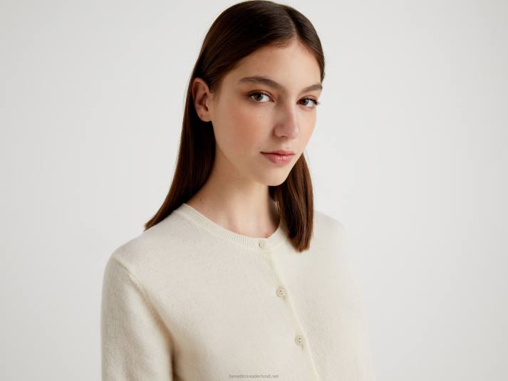 vrouwen Benetton crèmekleurig vest met ronde hals van zuivere merinowol romig wit 4R62159